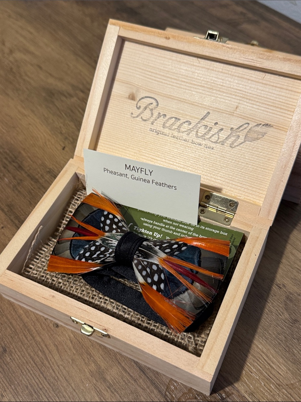 Brackish “Mayfly” Real Feather Bow Tie in Orange & Black with Spotted Accents